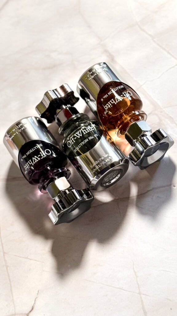 Off-White fragrance bottles from Davide's personal perfume collection