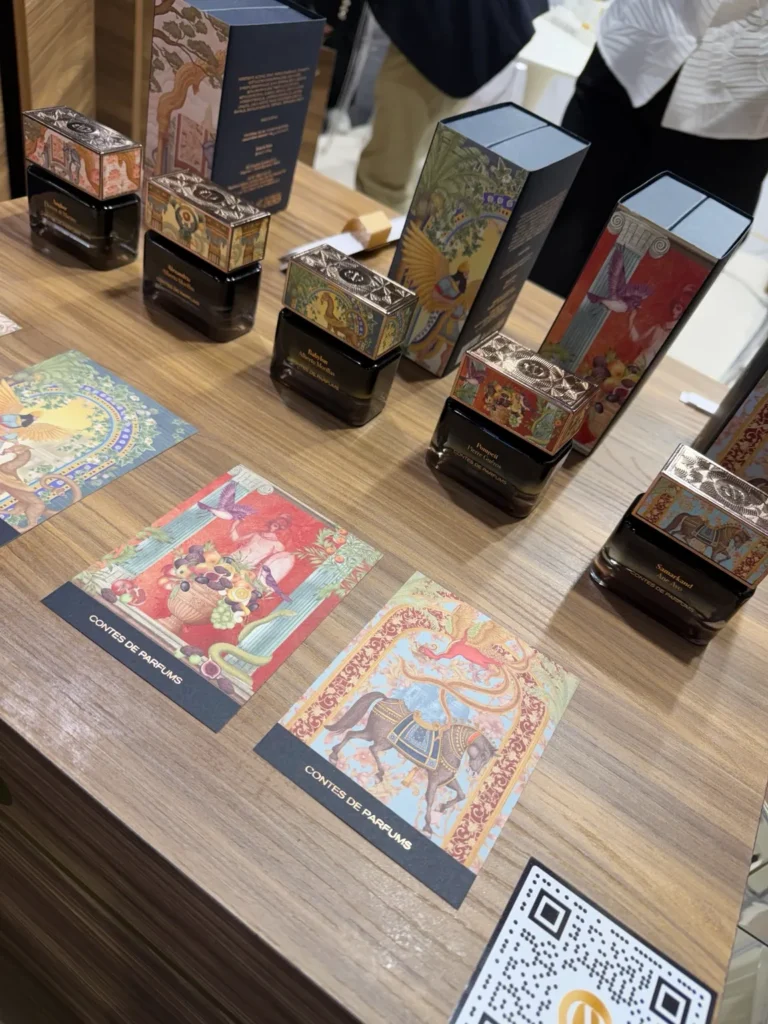 Contes de Parfums bottles and illustrated packaging displayed at Esxence 2026