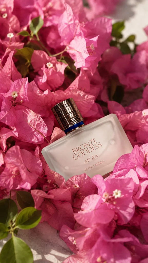 Estée Lauder Bronze Goddess Aegea bottle surrounded by pink bougainvillea