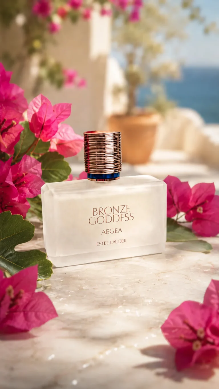 Estée Lauder Bronze Goddess Aegea perfume bottle in a bright Mediterranean setting