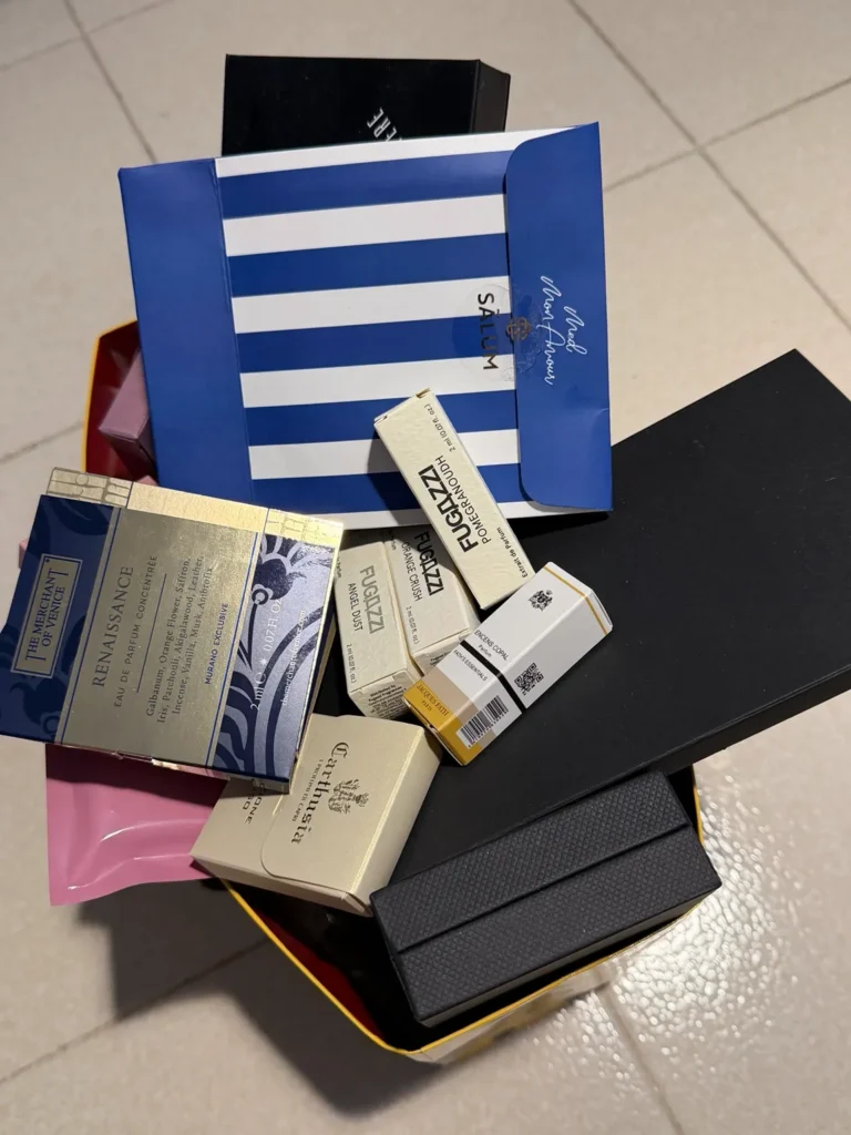 Perfume samples and discovery kits collected during Esxence 2026