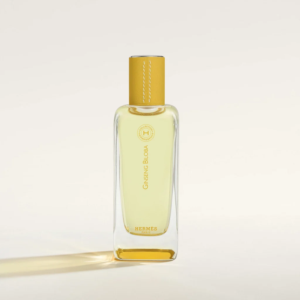 Hermès Ginseng Biloba Hermessence perfume bottle on a light background