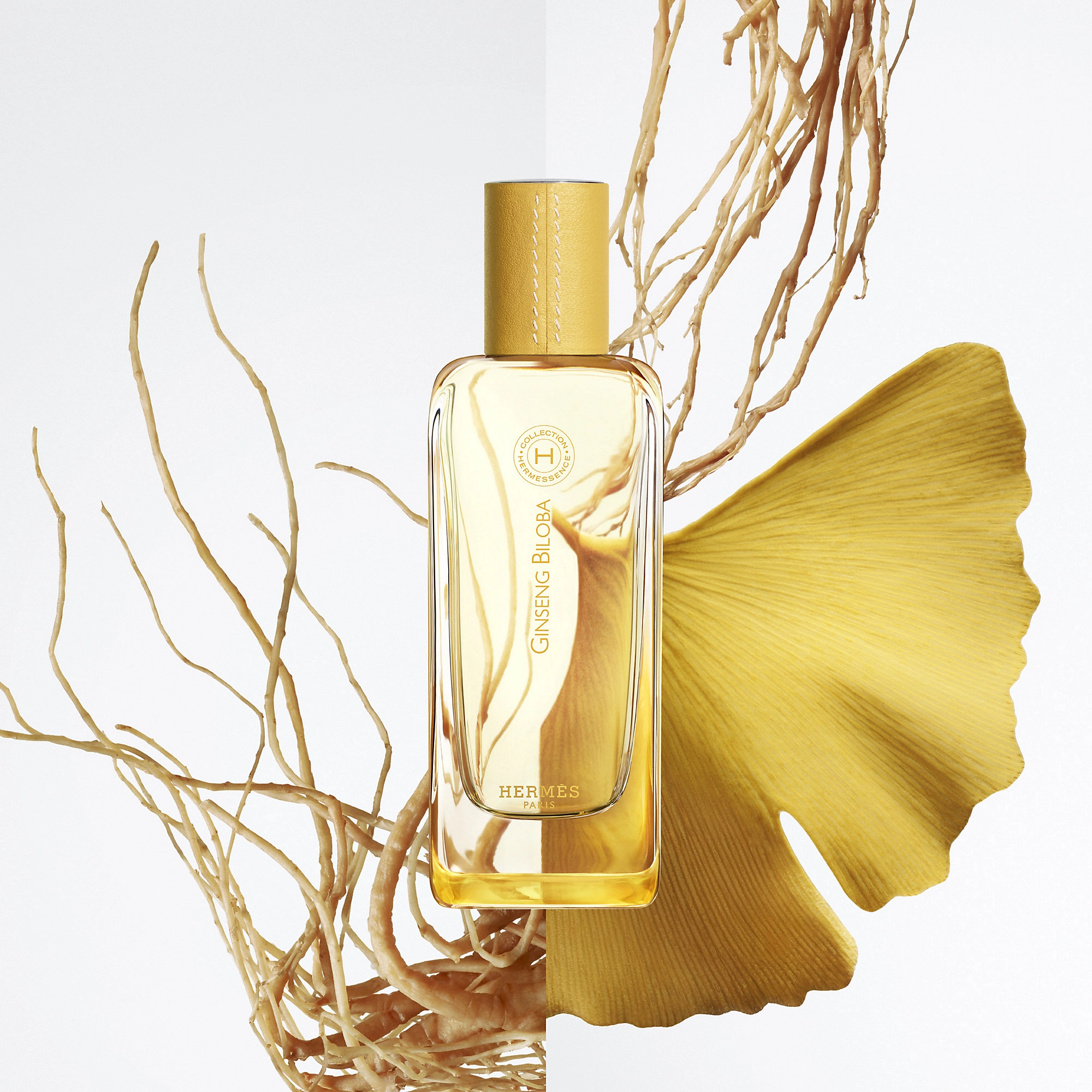 Hermès Ginseng Biloba perfume bottle with ginseng roots and a yellow ginkgo biloba leaf
