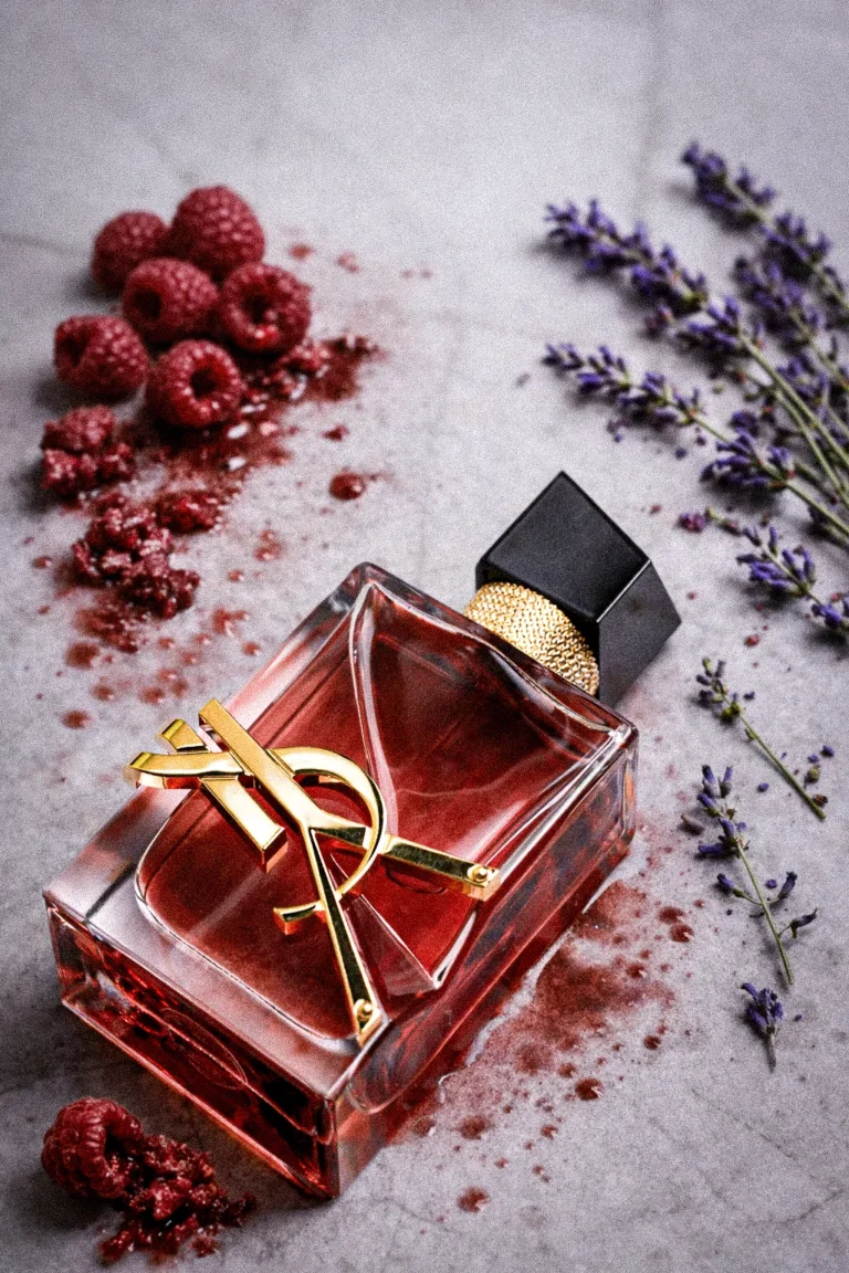 YSL Libre Berry Crush review featuring the red perfume bottle with raspberries and lavender