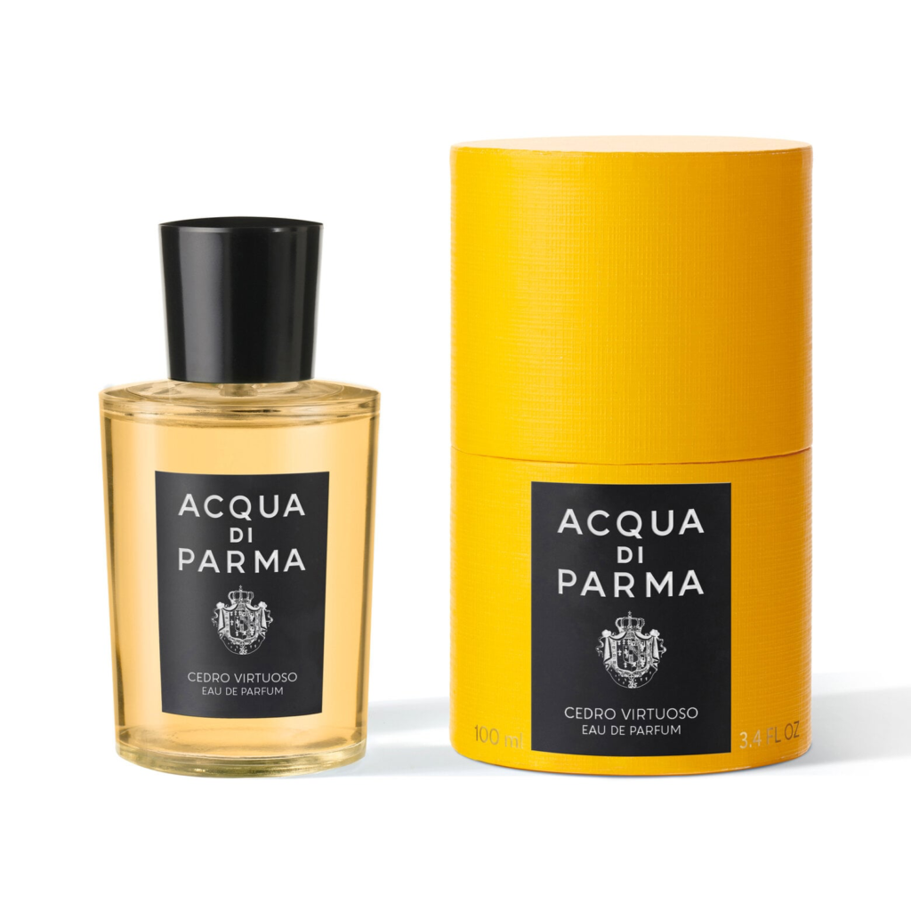Acqua di Parma Cedro Virtuoso Eau de Parfum bottle beside its yellow cylindrical box