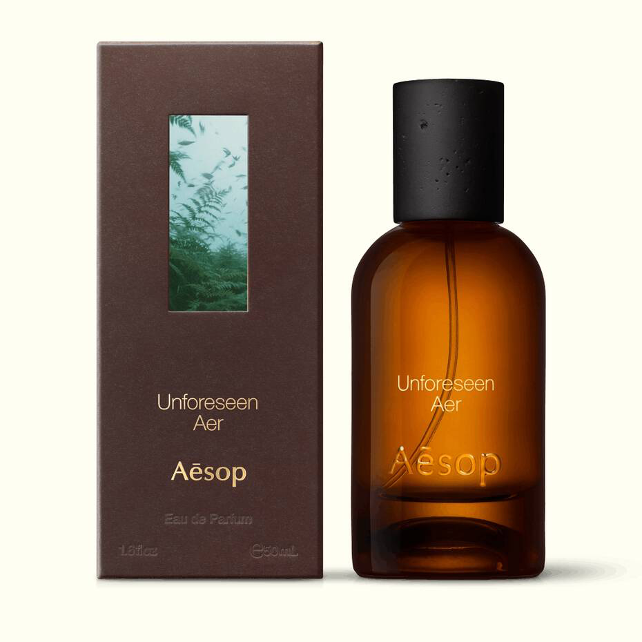 Aesop Unforeseen Aer packaging with FSC-certified carton and 50 mL Eau de Parfum bottle