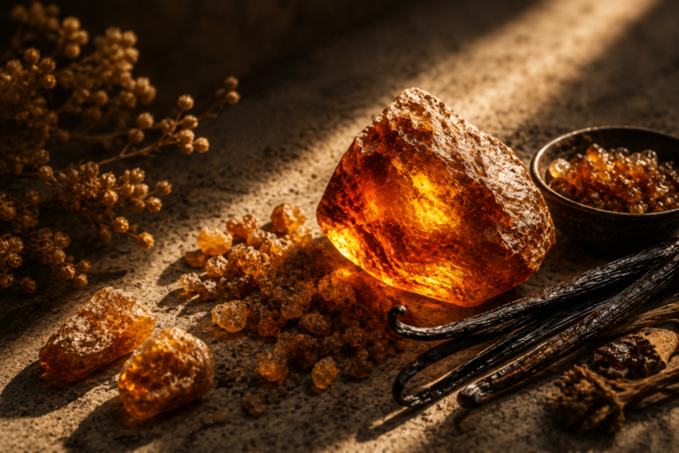 Amber in perfumery with resins, vanilla and warm golden materials