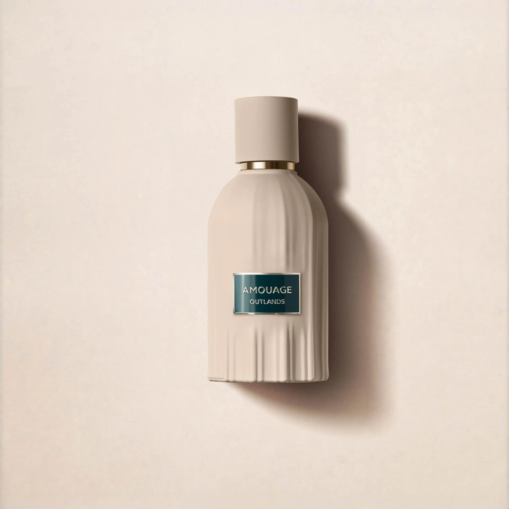 Amouage Outlands Eau de Parfum bottle in matte beige with teal label