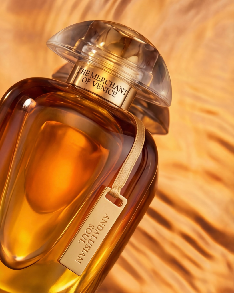 Close-up of the Andalusian Soul bottle and gold name tag