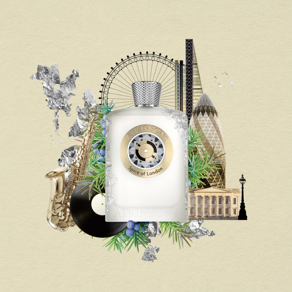 Atkinsons Spice of London bottle with London landmarks and a saxophone.