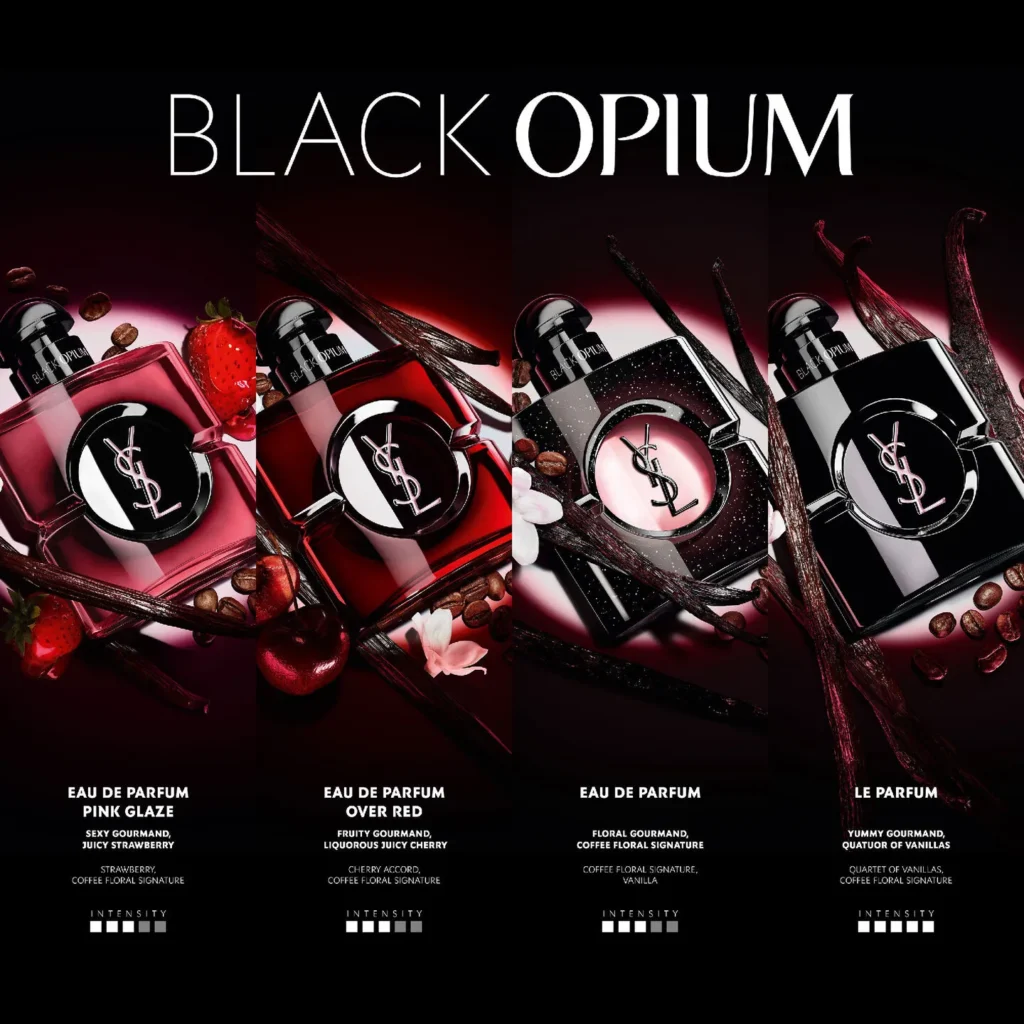Comparison of Black Opium Pink Glaze, Over Red, Eau de Parfum and Le Parfum