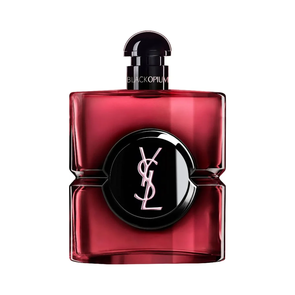 YSL Black Opium Pink Glaze dark pink perfume bottle on a white background