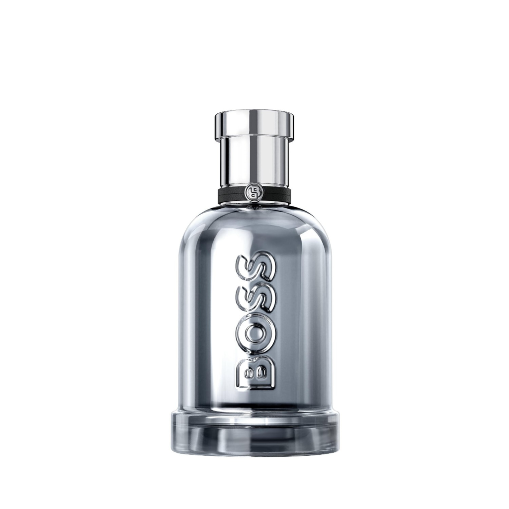 BOSS Bottled Beyond Intense metallic silver perfume bottle