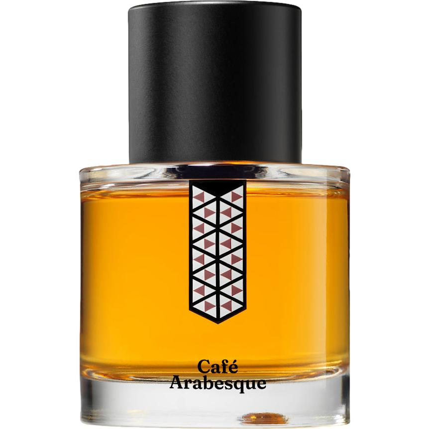 Café Arabesque eau de parfum bottle with black cap and coffee-bean arabesque pattern label on a white background