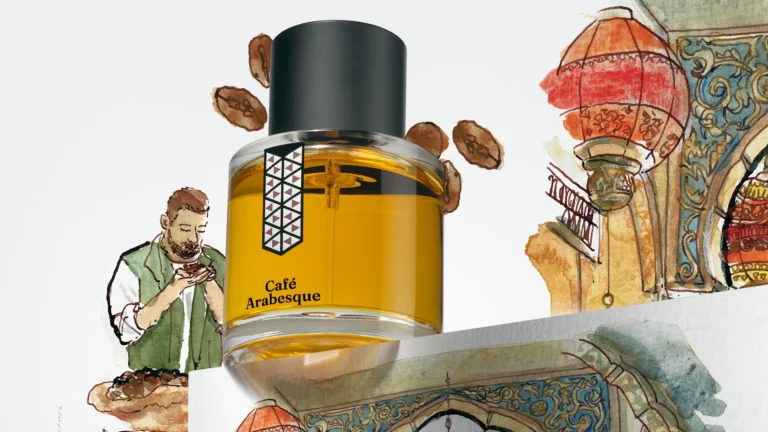 Café Arabesque perfume bottle surrounded by watercolor illustrations of coffee beans, a man drinking coffee, and Arabesque-tiled architecture with a lantern