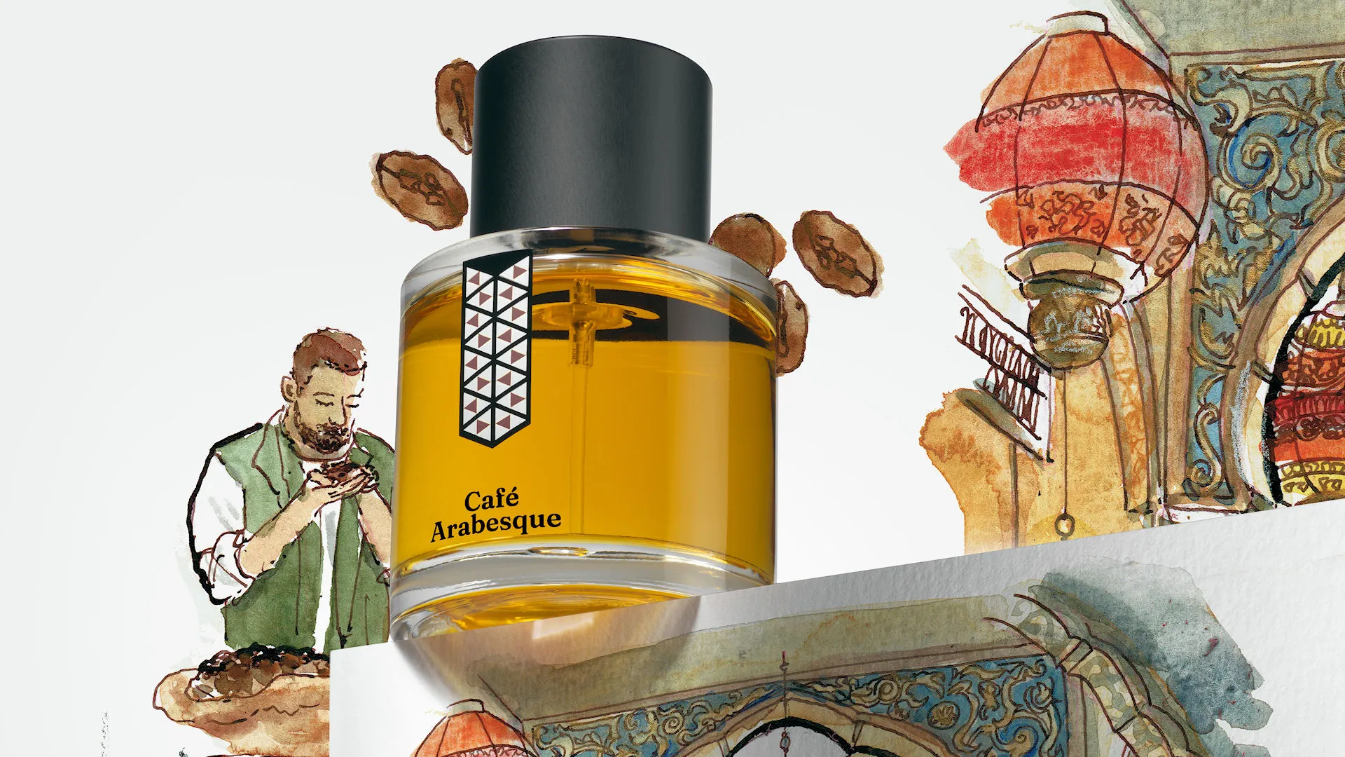 Café Arabesque perfume bottle surrounded by watercolor illustrations of coffee beans, a man drinking coffee, and Arabesque-tiled architecture with a lantern