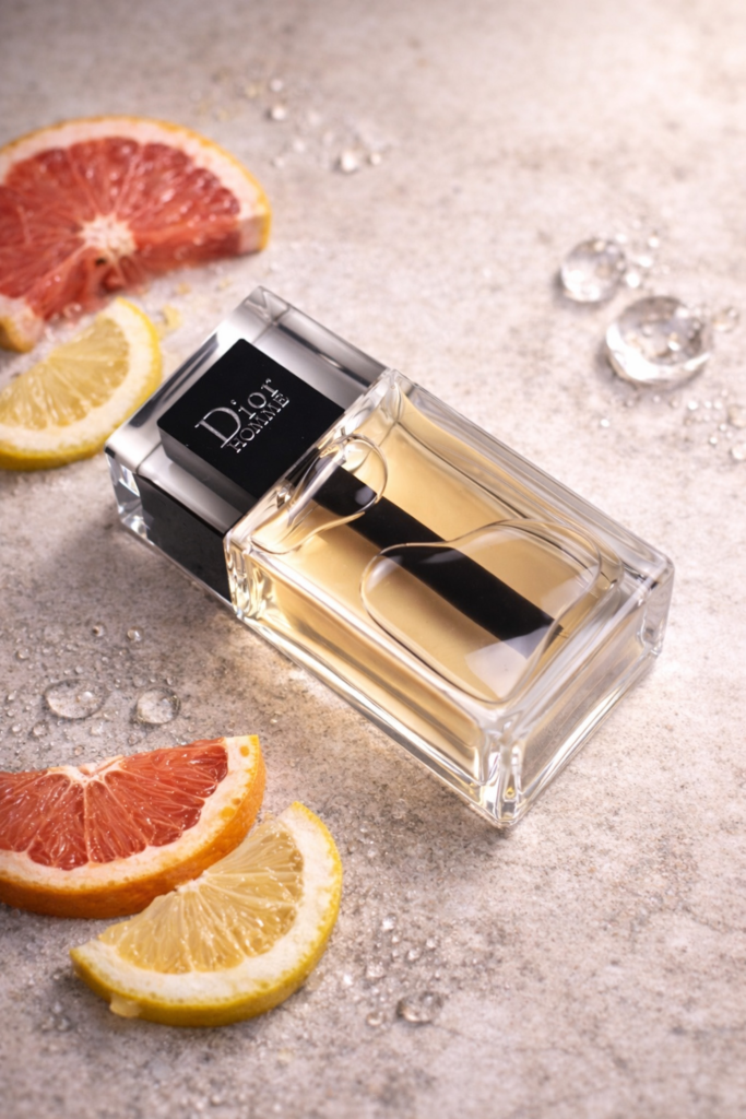 Dior Homme 2020 bottle with citrus slices and water droplets