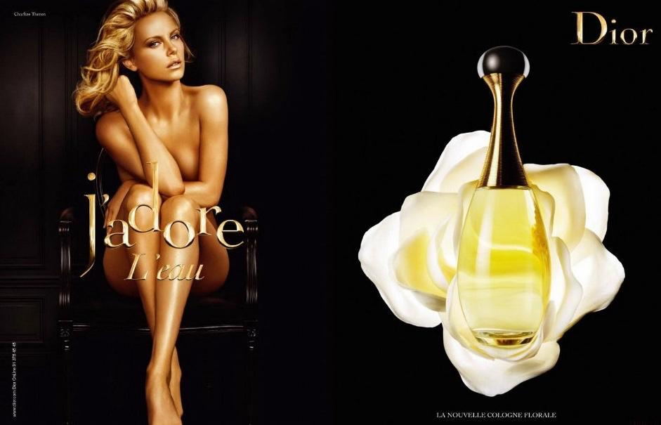 J'adore L'eau Cologne Florale 2009 Dior campaign with Charlize Theron and the fragrance bottle