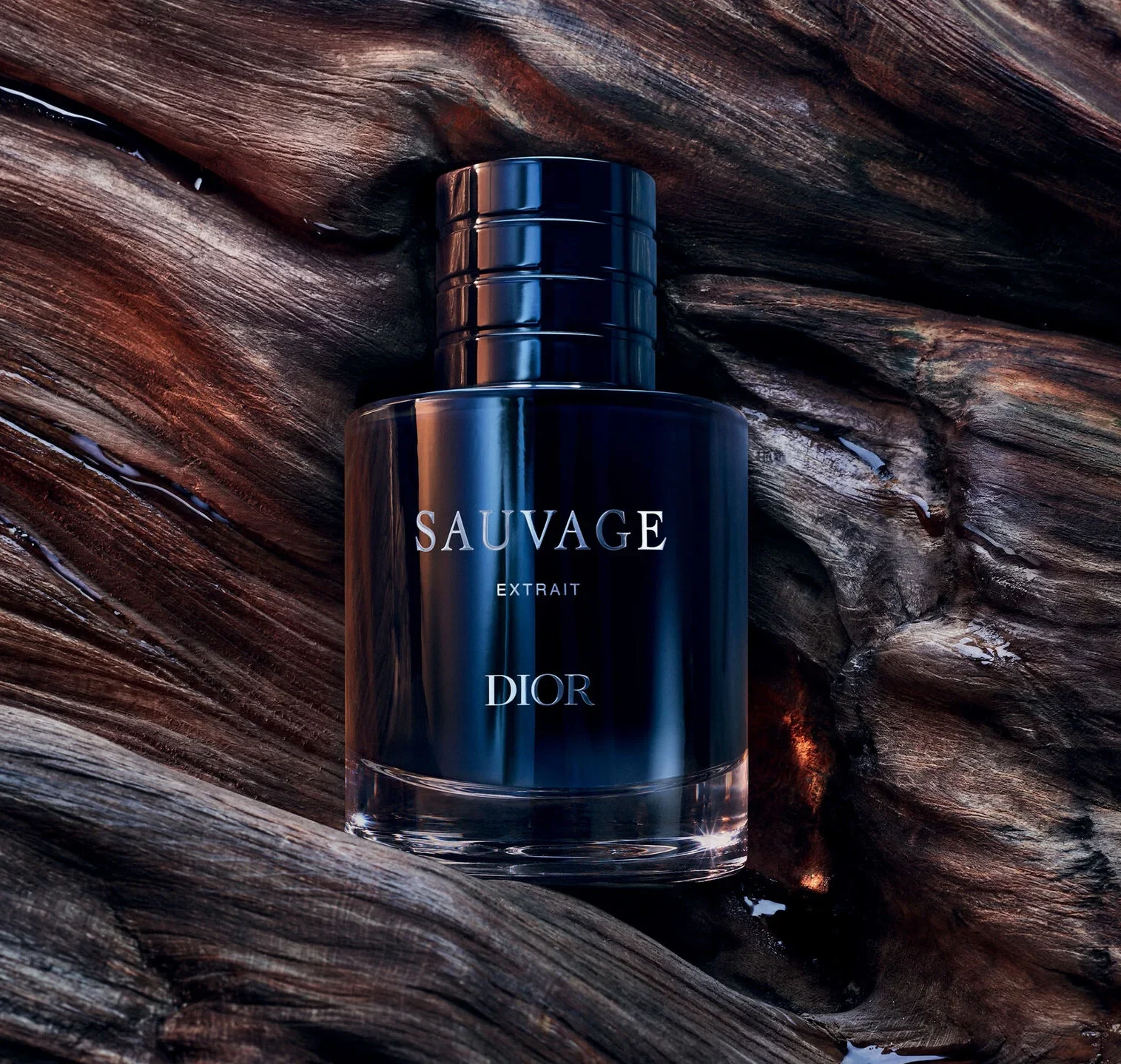 Dior Sauvage Extrait bottle resting on dark textured oud wood