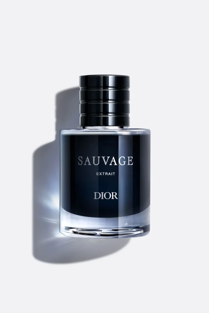 Dior Sauvage Extrait dark blue perfume bottle on a pale background