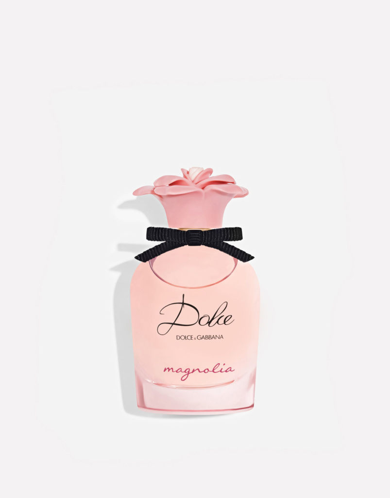 Dolce & Gabbana Dolce Magnolia Eau de Parfum pink glass bottle with flower cap on white background
