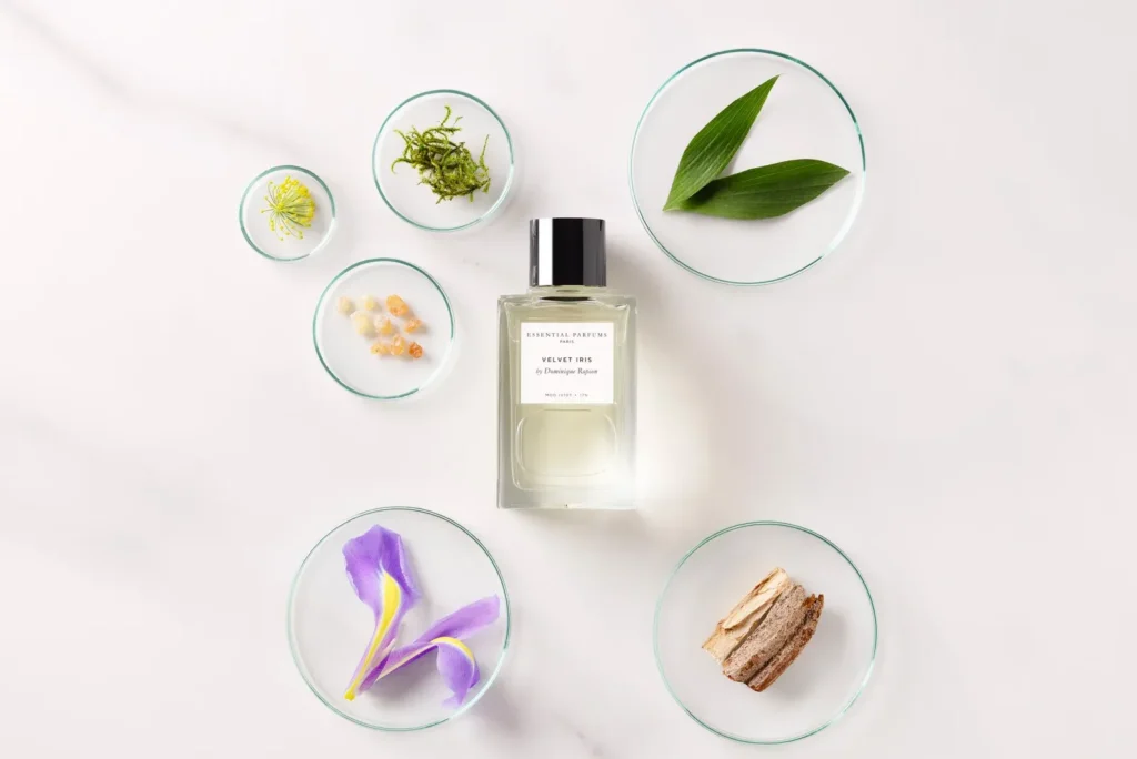 Essential Parfums Velvet Iris with ingredients highlighting its green iris character