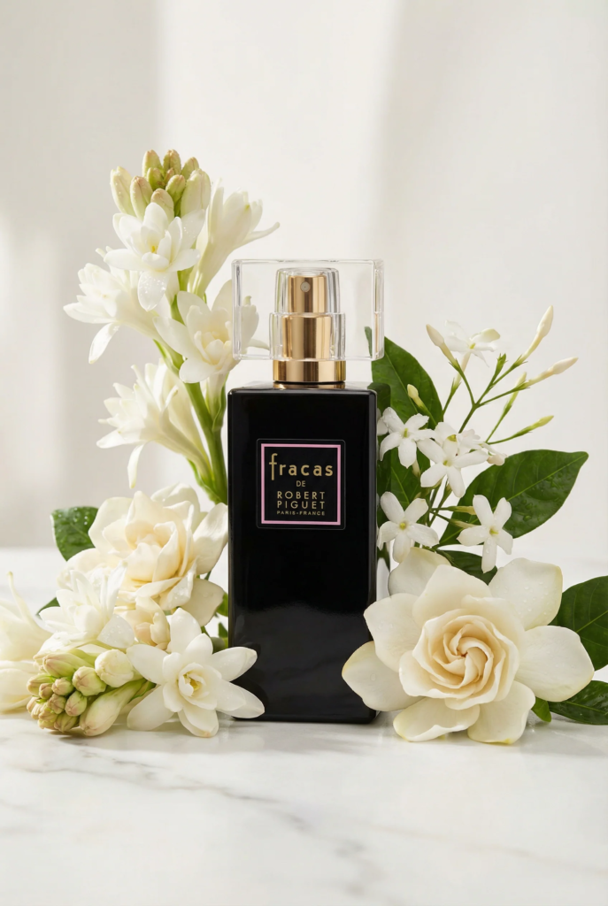 Fracas by Robert Piguet Parfum Extrait bottle with white flowers