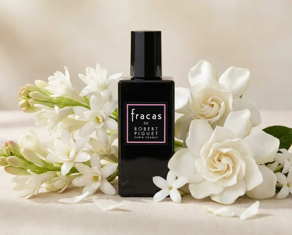 Fracas by Robert Piguet surrounded by white tuberose flowers