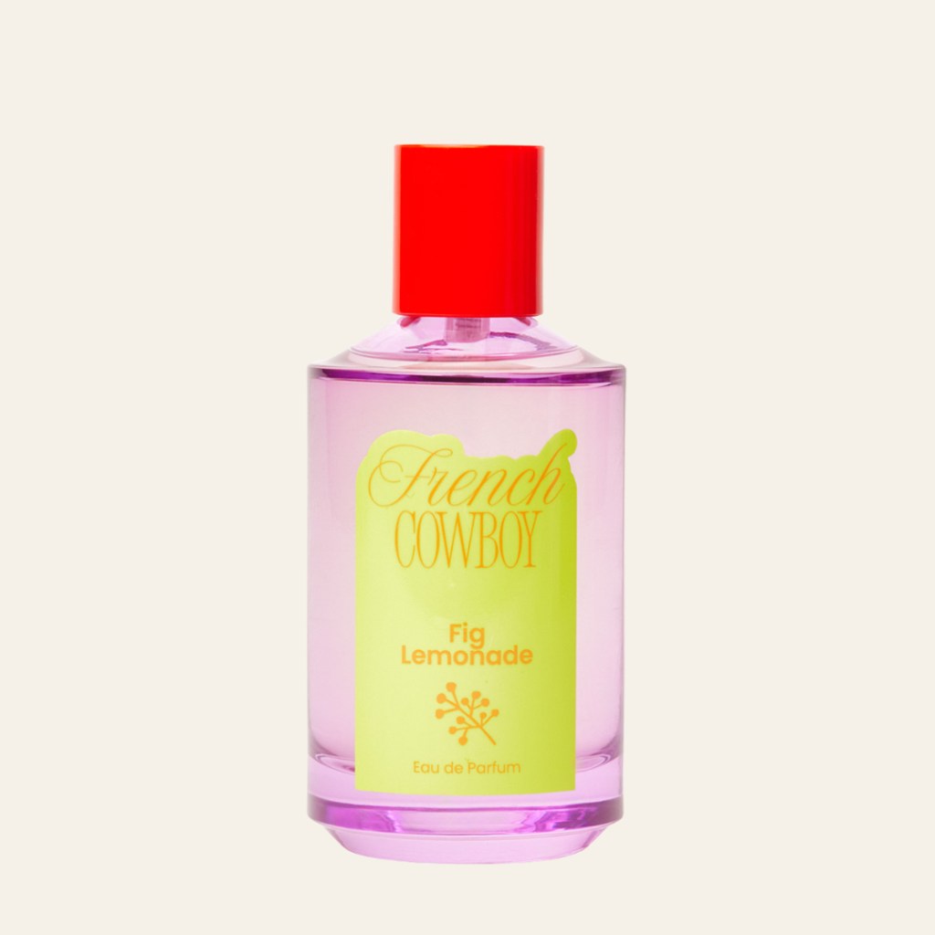 French Cowboy Fig Lemonade Eau de Parfum bottle with pink glass, lime label and red cap
