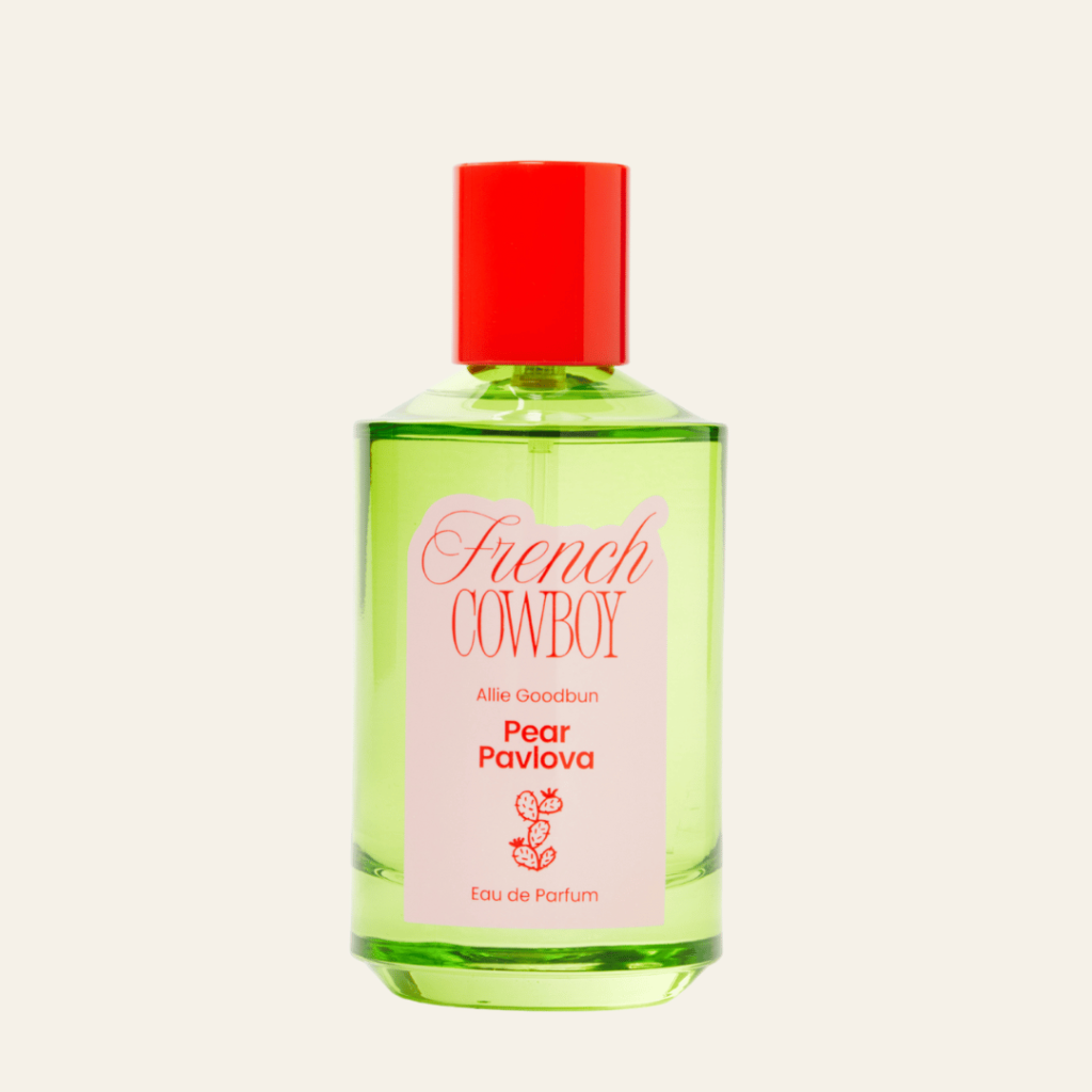 French Cowboy Pear Pavlova Eau de Parfum bottle created with Allie Goodbun