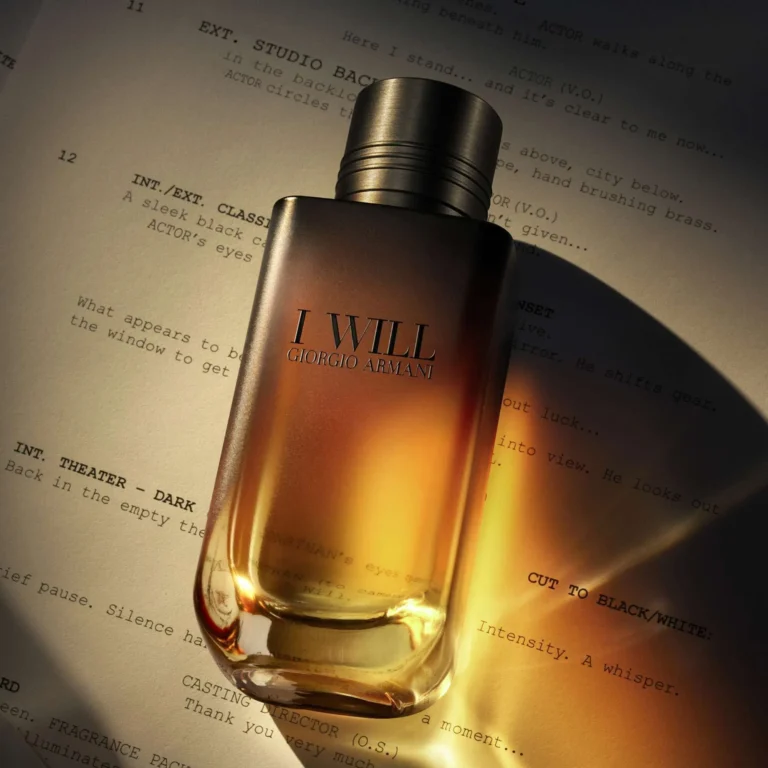 Giorgio Armani I Will bottle illuminated over a cinematic screenplay