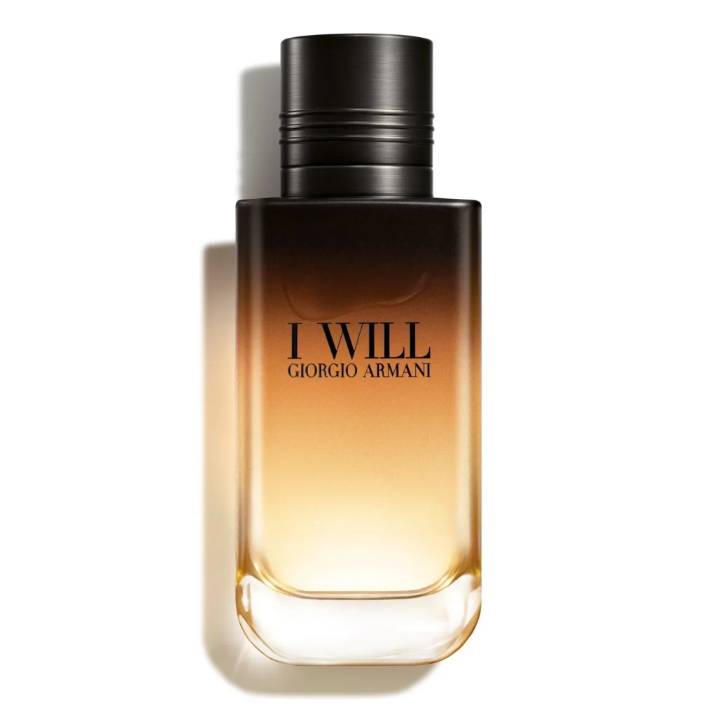 Giorgio Armani I Will Eau de Parfum bottle with black and gold gradient