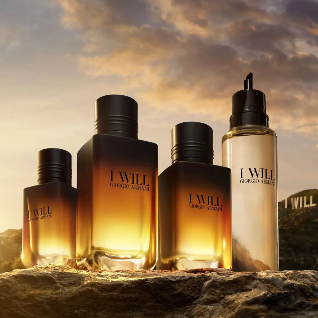 Giorgio Armani I Will bottles and fragrance refill at sunset