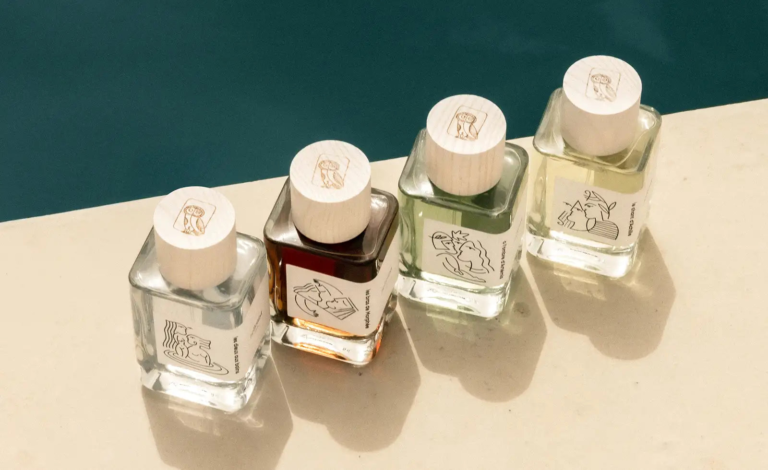 Selected Hellenist Parfums Mythology Collection bottles with wooden caps and illustrated labels