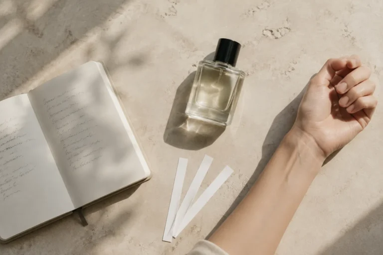 Perfume bottle, fragrance blotters and notebook arranged for testing a perfume