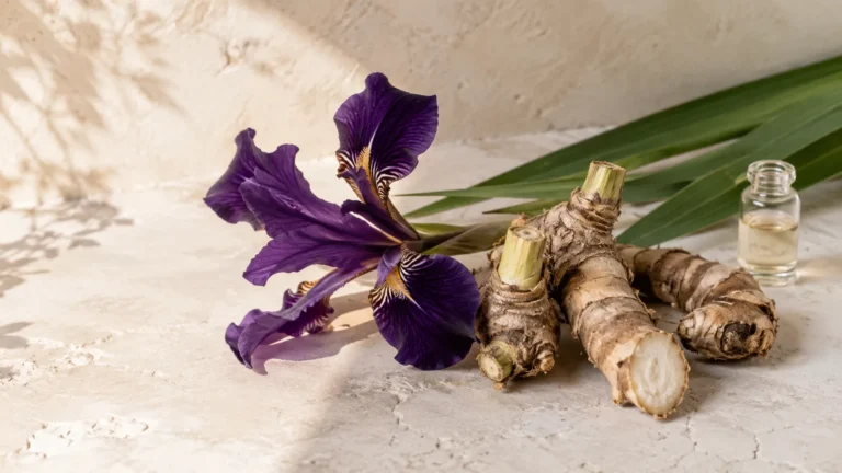 Iris flower and rhizomes used to explain iris in perfumery