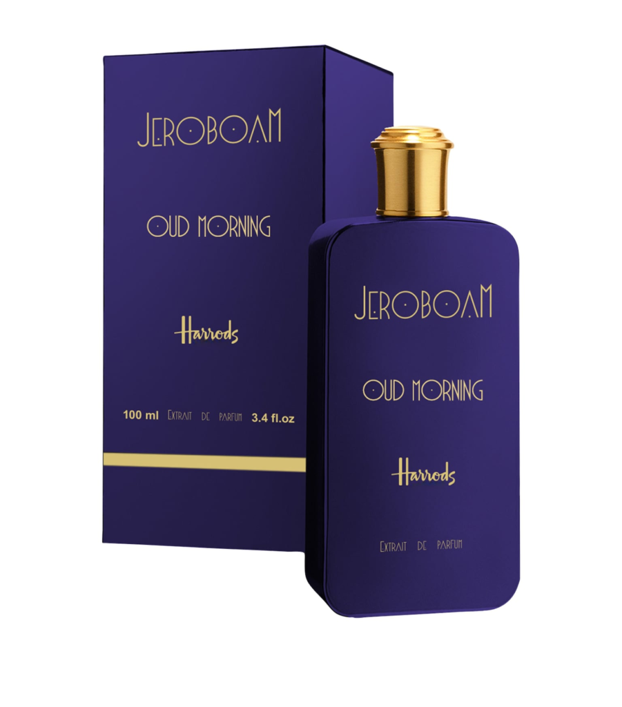 Jeroboam Oud Morning extrait de parfum bottle beside its indigo box, exclusive to Harrods.