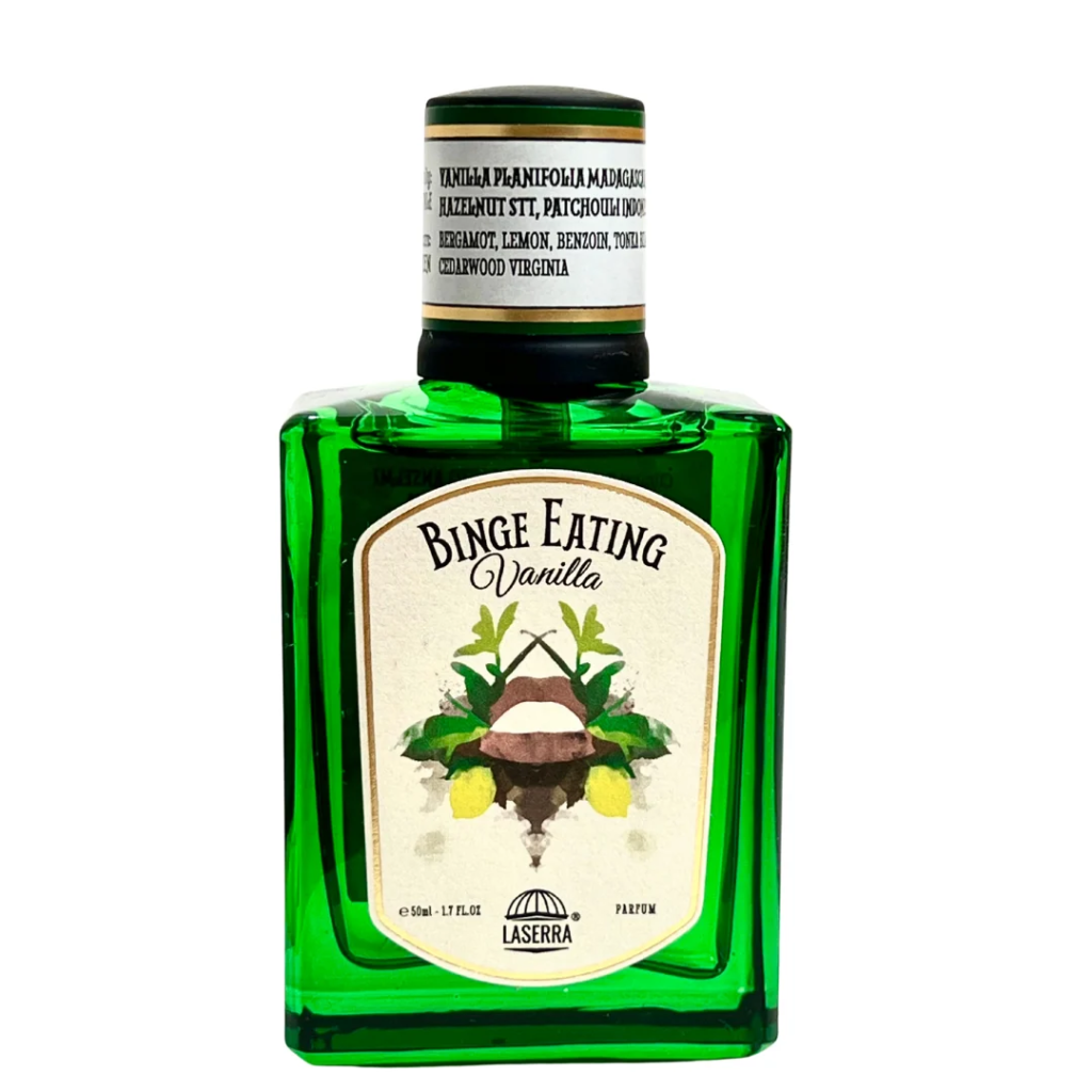 Green bottle of La Serra Profumi Binge Eating Vanilla