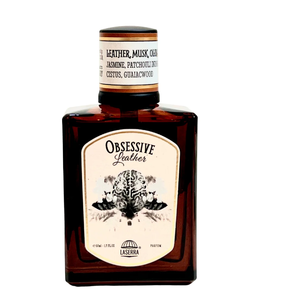 Dark amber bottle of La Serra Profumi Obsessive Leather