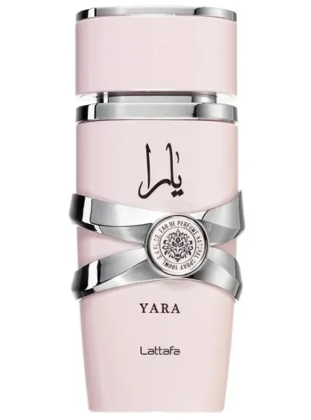 Lattafa Yara Eau de Parfum bottle in pink with silver criss-cross design