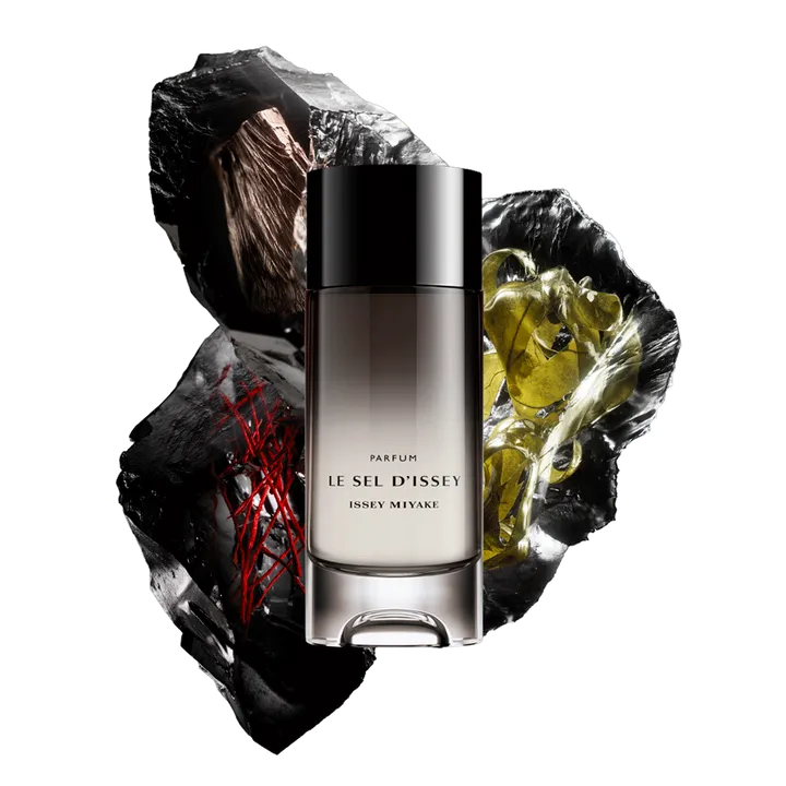 Le Sel d’Issey Parfum 2026 bottle with black salt and mineral materials