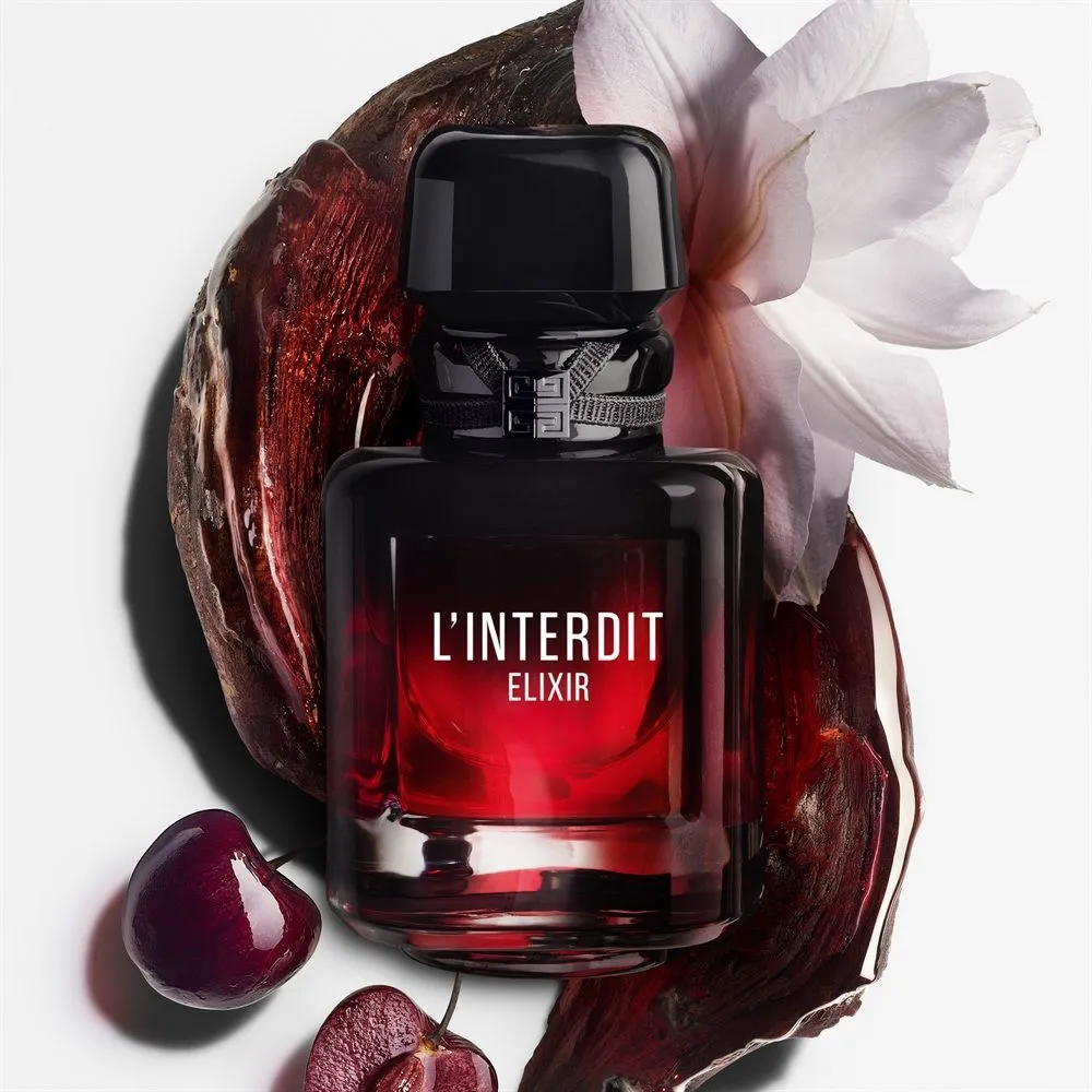 Givenchy L’Interdit Elixir bottle with white flowers and black cherries