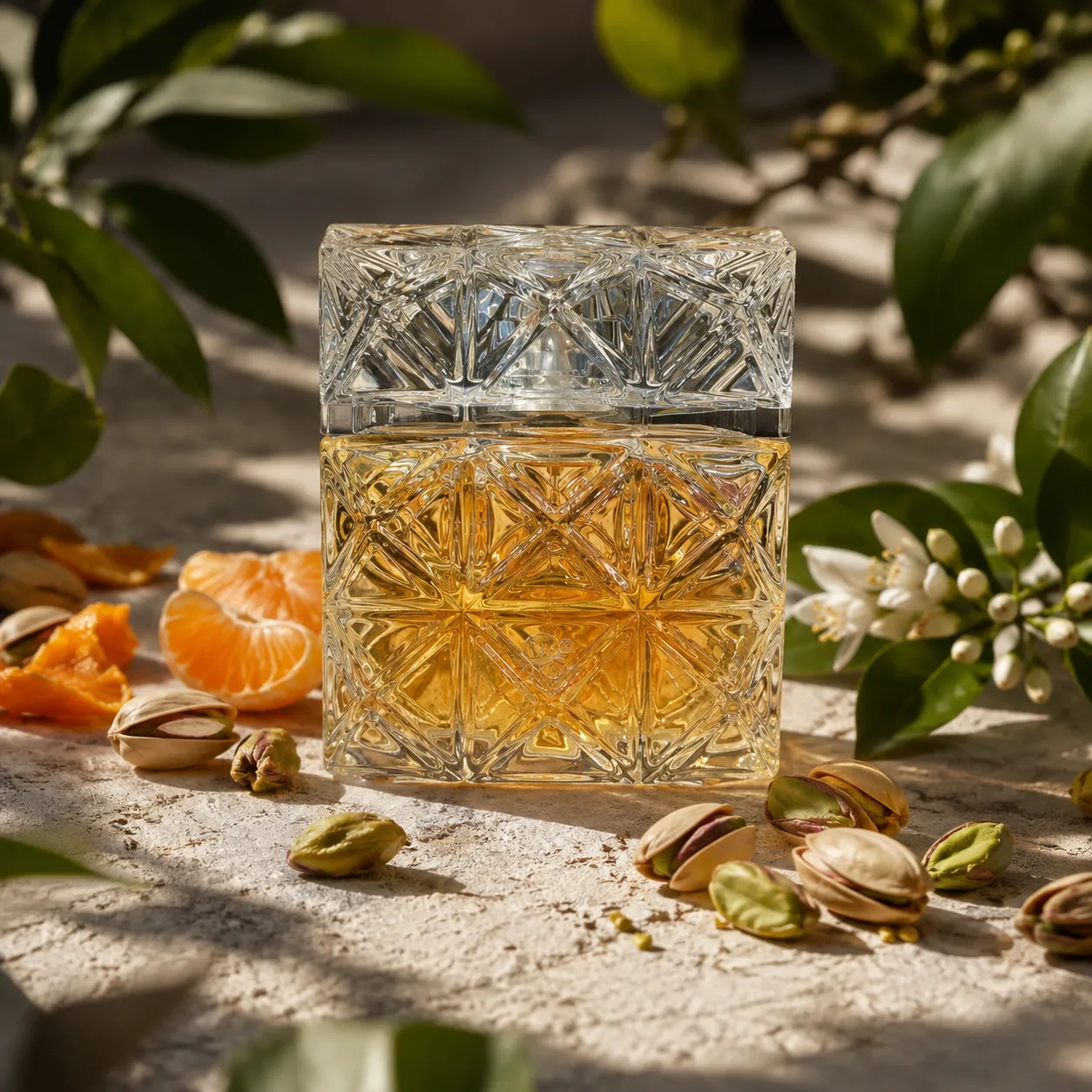 Lumière d’Issey perfume bottle with pistachios, mandarin and orange blossom in warm sunlight