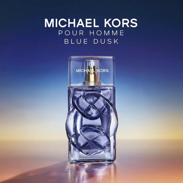 Michael Kors Pour Homme Blue Dusk bottle against a blue dusk sky