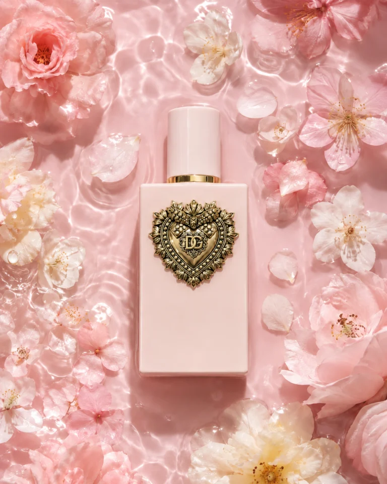 Dolce&Gabbana My Devotion bottle in a pink floral water setting