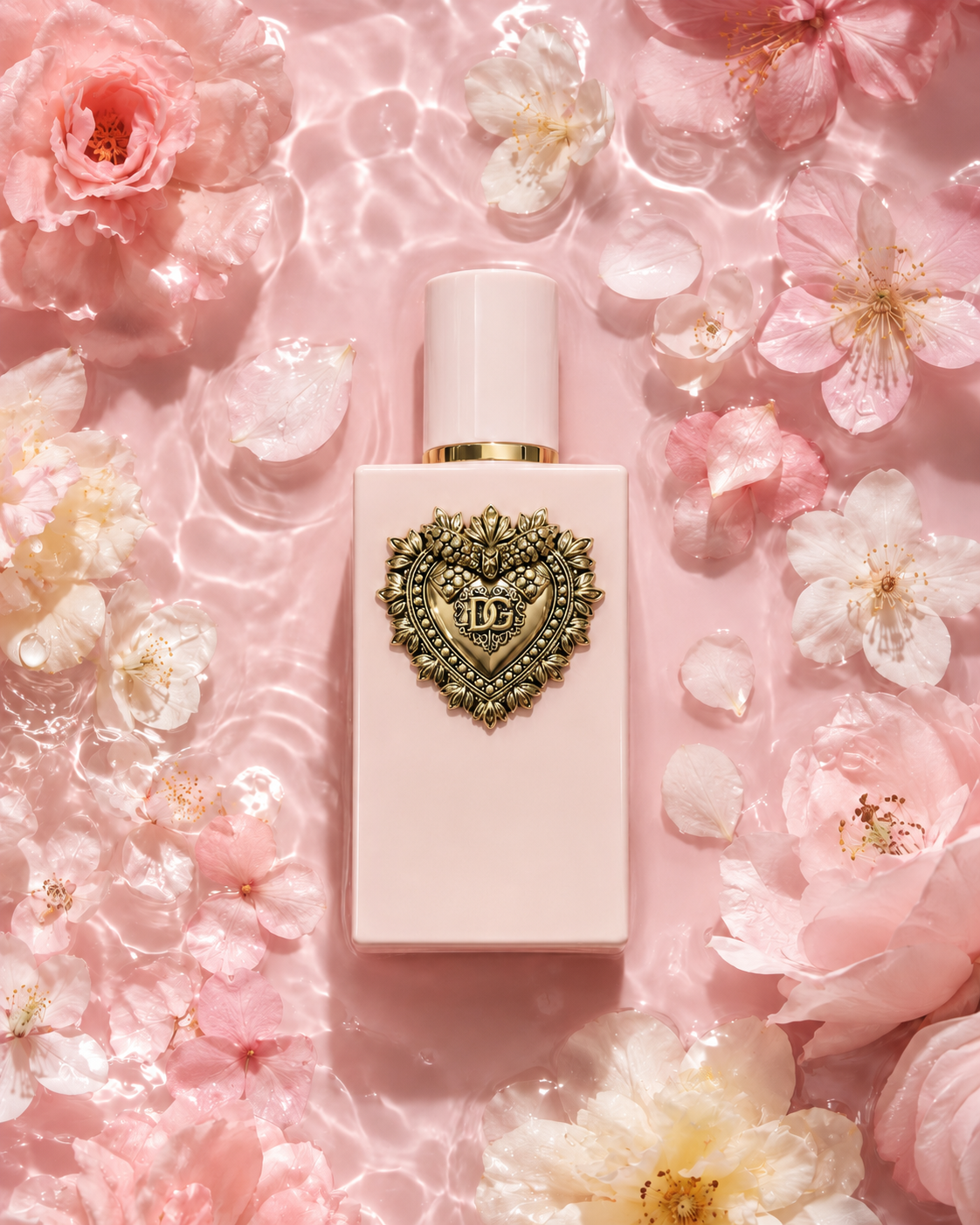Dolce&Gabbana My Devotion bottle in a pink floral water setting