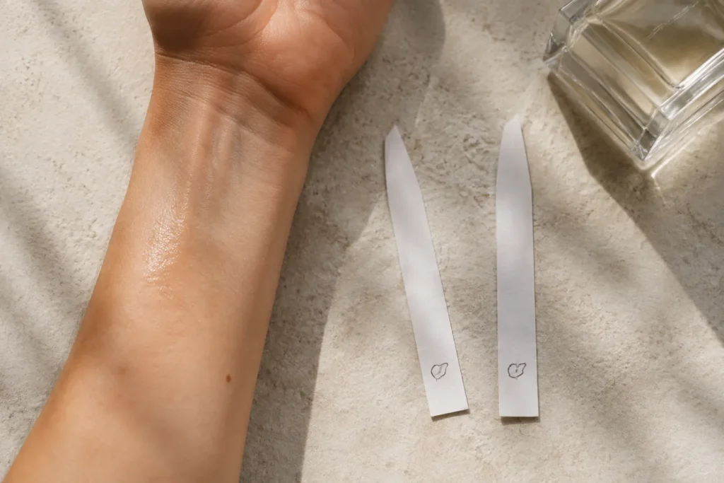 Two perfume blotters beside a wrist for comparing fragrance on paper and skin