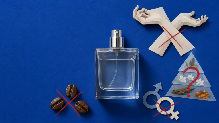 Perfume myths illustrated by a perfume bottle surrounded by common fragrance claims