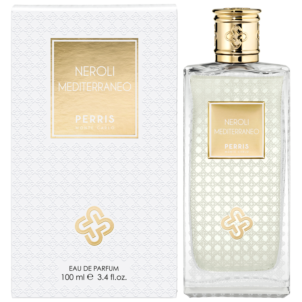 Perris Monte Carlo Neroli Mediterraneo Eau de Parfum shown with its embossed white presentation box.
