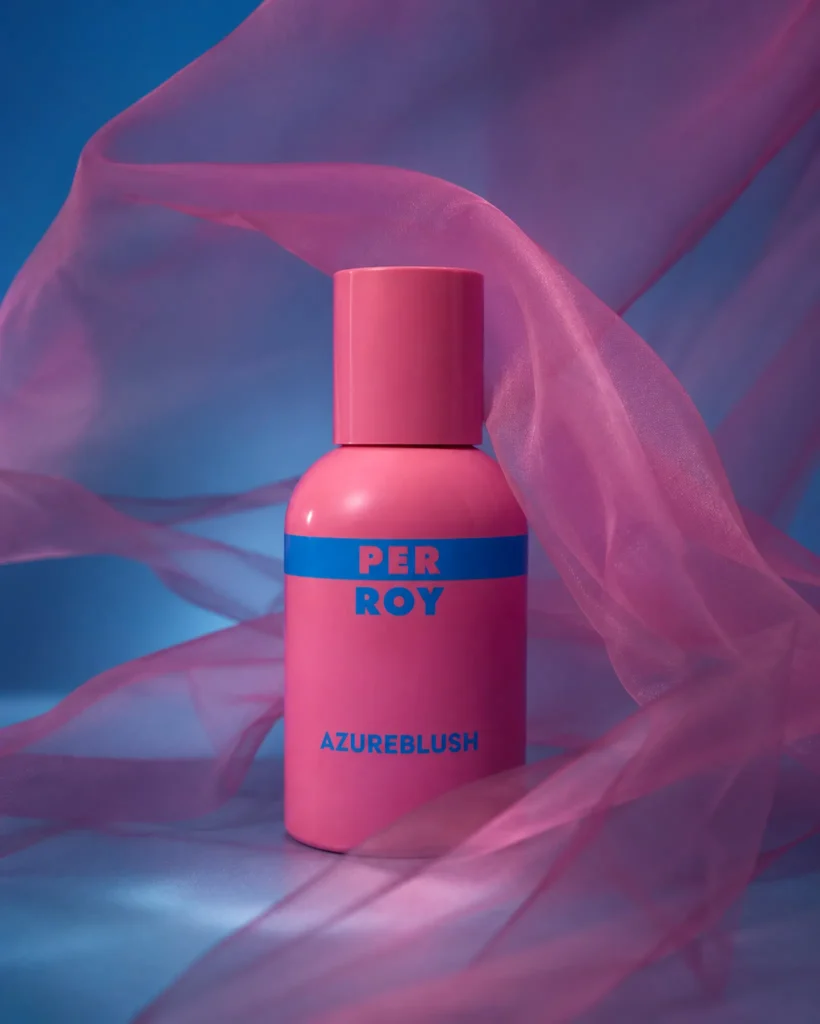 Perroy Azureblush bottle covered with a translucent pink veil